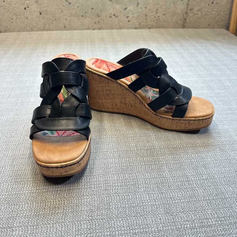 New Womens Boc Born Cora Black Faux Leather Cork Slip On Wedge Sandals‎ size 10